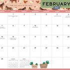 Kalender für Februar 2027, Dekor mit Hühnern und Pferden, Text: "Find your peace in the chaos." Feiertage markiert.