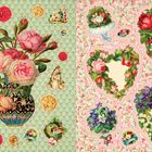 Links: Illustrationen mit Rosen und Figuren auf grünem Hintergrund. Rechts: Florale Herzmotive auf rosa Blütenhintergrund.