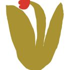 Eine vereinfachte Illustration einer stilisierten Tulpe, mit roten Blüten und olivgrünen Blättern auf weißem Hintergrund.