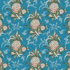 Ananas-Muster mit Grün und Weiß auf blauem Hintergrund, dekoriert mit Blättern und Ornamenten.