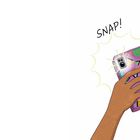 Text "SNAP!" darüber, Hand hält lila-verziertes Smartphone, Blitzlicht leuchtet. Illustration.