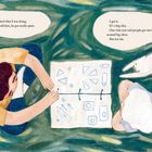 Links: "Dad asked what I was doing. When I told him, he got really quiet." Rechts: "I get it. It's a big idea..." Illustration: Zwei Personen und eine Katze, über einem Buch mit geometrischen Formen.