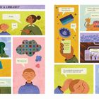 „WHAT IS A LIBRARY?“ Viele bunte Illustrationen mit Sprechblasen zeigen kreative Ideen und Dialoge über Bibliotheken.