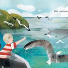 Text: "What can happen during one whale's breath?"  
Illustration: Kinder beobachten einen Wal und Vögel fliegen umher.