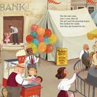Texte: "BANK", "POPCORN 5¢", "Madame Selene fortune teller 15¢", "Price list candy 5¢", "Entrance 10¢", "1950s".  
Illustration von einem Jahrmarkt in den 1950er Jahren mit Karussell, Süßigkeitenstand, Popcorn und vielen Besuchern.