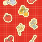 Illustration mit Sticker-Motiven: Gießkanne, Tomaten, Paprika, gelbe Tomaten, Blume, Gartenhandschuh, Gartenschaufel. Roter Hintergrund.