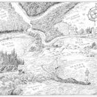 Eine detaillierte Karte mit Beschriftungen: "Waldo Pond", "The Blue Lagoon", "Sleepy Cove". Wald- und Wasserlandschaft.