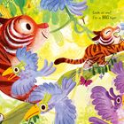 Text: "Look at me! I'm a BIG tiger." Illustration eines fröhlichen Tigerjungen, Vögel und bunte Pflanzen.