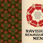 "Meet the 16th century men..." und "RAVISHING RENAISSANCE MEN" vor Ornamenten und Blumenmuster in Rot und Braun.