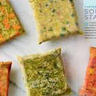 Text: Kapitel 1, Suppenstarter. Verschiedene gefrorene Suppenstarter in bunten Quadraten auf hellem Untergrund.