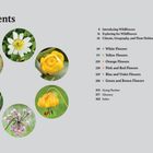 Inhaltsverzeichnis zeigt Seitenzahlen für Blumenkategorien. Daneben sechs runde Bilder mit verschiedenen Wildblumen.