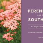 Text: „PERENNIALS FOR THE SOUTHEAST: A Comprehensive Guide“. Links rosa Blüten, rechts lila Hintergrund.