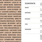 Zwei Bereiche, links Begriffe wie "START SMALL", rechts Inhaltsverzeichnis mit Kategorien "REPAIR", "EMPOWER", "NOURISH".