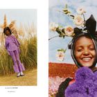 Links steht "Cosmos and Kochia Fields". Rechts oben "superposition of 2 dresses and 2 vests". Links: Frau in lila Outfit, rechts: lächelnde Frau mit Blumen.