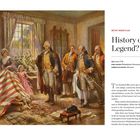 Text: "Betsy Ross Flag. History or Legend? DATE: June 1776, EVENT LOCATION: Philadelphia, Pennsylvania, CURRENT FLAG LOCATION: Unknown." Eine Illustration zeigt Menschen um eine Flagge, eine Frau hält sie, Männer stehen daneben.