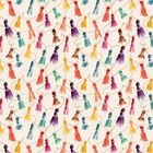 Farbenfrohes Muster mit Quasten in Rot, Gelb, Lila, Blau und Braun, verbunden durch geschwungene Linien.