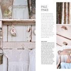 "PALE PINKS" und "ROSE-TINTED" Texte neben Bildern: Vintage-Tassen, weiße Spitze, Blumen, Vorhänge, Schublade, Toast, Stuhl.