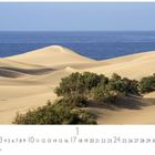 Text: "Maspalomas", Datumszahlen 1-31. Kalenderblatt mit Sanddünen, grünen Büschen und blauem Meer im Hintergrund.