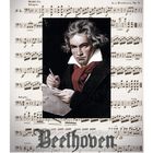 „SERENADE. MARCHIA. ALLEGRO. VIOLONCELLO. Beethoven.“ Notenblätter, Portrait von Beethoven, darunter Monatskalender.