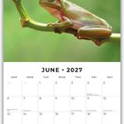 JUNE 2027. Kalenderblatt, oben ein Frosch auf einem Ast mit grünen Blättern. Darunter Tage und Notizbereich.