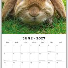 Juni 2027 Kalenderblatt, Kaninchen auf Gras liegend, Kalendertage und Feiertage in grauer Schrift.