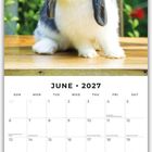 Juni 2027 Kalender mit Bild eines schwarz-weißen Kaninchens auf Holztisch im Garten. Feiertage sind markiert.