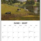 Kalender für Juni 2027. Illustration: Landschaft mit Kühen auf grünen Wiesen, Bach und bewölktem Himmel.