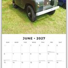 Text: "June 2027." Kalenderseite mit Feiertagen. Oben ein grüner Geländewagen vor Bäumen.