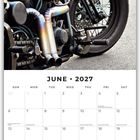 Juni 2027 Kalender mit Feiertagen. Oben ein klassisches Motorrad mit glänzendem Tank und großen Auspuffrohren.