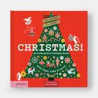 Auf rotem Hintergrund ein großer Weihnachtsbaum mit Deko. Text: "Celebrate in a Book", "CHRISTMAS!", "an interactive holiday book".