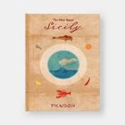 „The Silver Spoon Sicily“, „PHAIDON“. Aquarellstil-Design mit Meeresszene und Lebensmitteln wie Fisch und Zitrone.