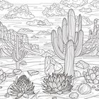 Eine Illustration zeigt eine Wüstenlandschaft mit Kakteen, Felsen, Bergen und Wolken.