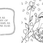 Text: "I am as worthy of my dreams as everyone else." Illustration: Blumen, Blätter, ein kleiner tanzender Pilzcharakter.
