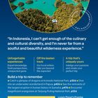 Das Bild zeigt den Text: "In Indonesia, I can’t get enough of the culinary and cultural diversity..." Darunter: "Unforgettable experiences," "Off the beaten track," "A trip that’s uniquely yours." Unten sind Reisevorschläge und ein Barcode. Oben eine Landschaftsfotografie mit Inseln im blauen Wasser. Oben links befindet sich das "Lonely Planet" Logo.