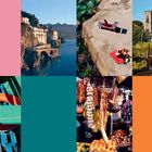 Es gibt keine Texte zu erwähnen. Collage aus Natur, Architektur, Marktständen und bunten Farbblöcken.