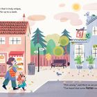 Texte: "There's a library in town...", "LLAMA LIBRARY", "Pick wisely...", "...some llamas cause nothing but fuss." Zwei Personen laufen fröhlich durch eine belebte, bunte Stadt mit Automaten, Bäckereien und Gärten, neben einer Bibliothek, die Lamas verleiht.