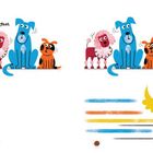 Text beschreibt Eddie, einen Rollerhund, der gerne schnell fährt. Illustration zeigt fröhliche Hunde und Eddie auf einem Roller.