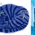 Links: Text über Luna, eine weiche Katze. Zwei Kinder in Schlafanzügen liegen auf der Katze. Rechts: Zwei Kinder schauen nachts aus dem Fenster.