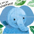 Text: "I am an elephant!" Illustration eines blauen Elefanten mit gestreiften Ohren und grünen Blättern im Hintergrund.