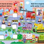"Ten little trucks work hard all day. Red fire engine puts the flames out." Fröhliche Fahrzeuge helfen in einer Stadt.