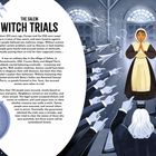 "The Salem Witch Trials" oben. Eine Person steht in Gebetsposition im Zentrum, umgeben von zeigenden Händen im Gerichtssaal.