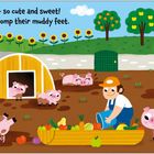 "Pigs say OINK – so cute and sweet! They splash and stomp their muddy feet. Can you OINK out loud?" Illustration mit fröhlichen Schweinen auf einem Bauernhof, Gemüsekorb und Bauern.