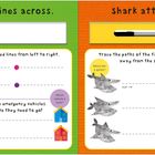 Links: "Trace the dashed lines from left to right." Unten: Fahrzeuge und Häuser. Rechts: "Trace the paths of the fish."