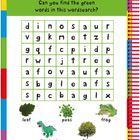 Wortsuchspiel mit Titel: "Things that are green". Wörter: Blatt, Erbsen, Frosch, Dinosaurier, Baum. Bilder: Blatt, Erbsen, Dinosaurier, Baum, Frosch.