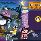 Ein gruseliges Halloween-Suchspiel mit Text: "Can you find: 1 spooky skull, 2 blue binoculars, 3 friendly ghosts."