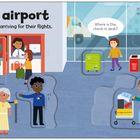 "Arriving at the airport. The airport is a busy place with lots of people arriving for their flights."  
Szenen von Menschen und Gepäck am Flughafen.