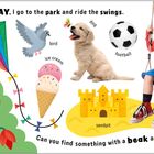 "On MONDAY, I go to the park... Can you find something with a beak and wings?" Ein Junge schaukelt, bunte Elemente.