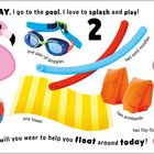 Text: "On MONDAY, I go to the pool. I love to splash and play! What will you wear to help you float around today?"

Beschreibung: Pool-Zubehör wie Flamingo-Schwimmring, Schwimmbrille, Nudeln, Ball, Tuch, Armbänder. Kind in Badeanzug, montags.