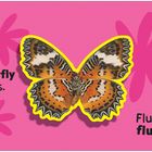 Texte: "Butterfly flaps." und "Flutter, flutter!" Ein Schmetterling mit bunten Flügeln vor rosa Hintergrund mit Blüten.