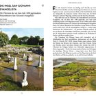 "Die Insel San Giovanni Evangelista. Die Überreste des vor dem Jahr 1000 gegründeten Frauenklosters San Giovanni Evangelista." Zwei Fotos: Das obere zeigt Ruinen mit Säulen und Bäumen im Hintergrund, das untere Landschaft mit Wasserflächen und Vegetation.
